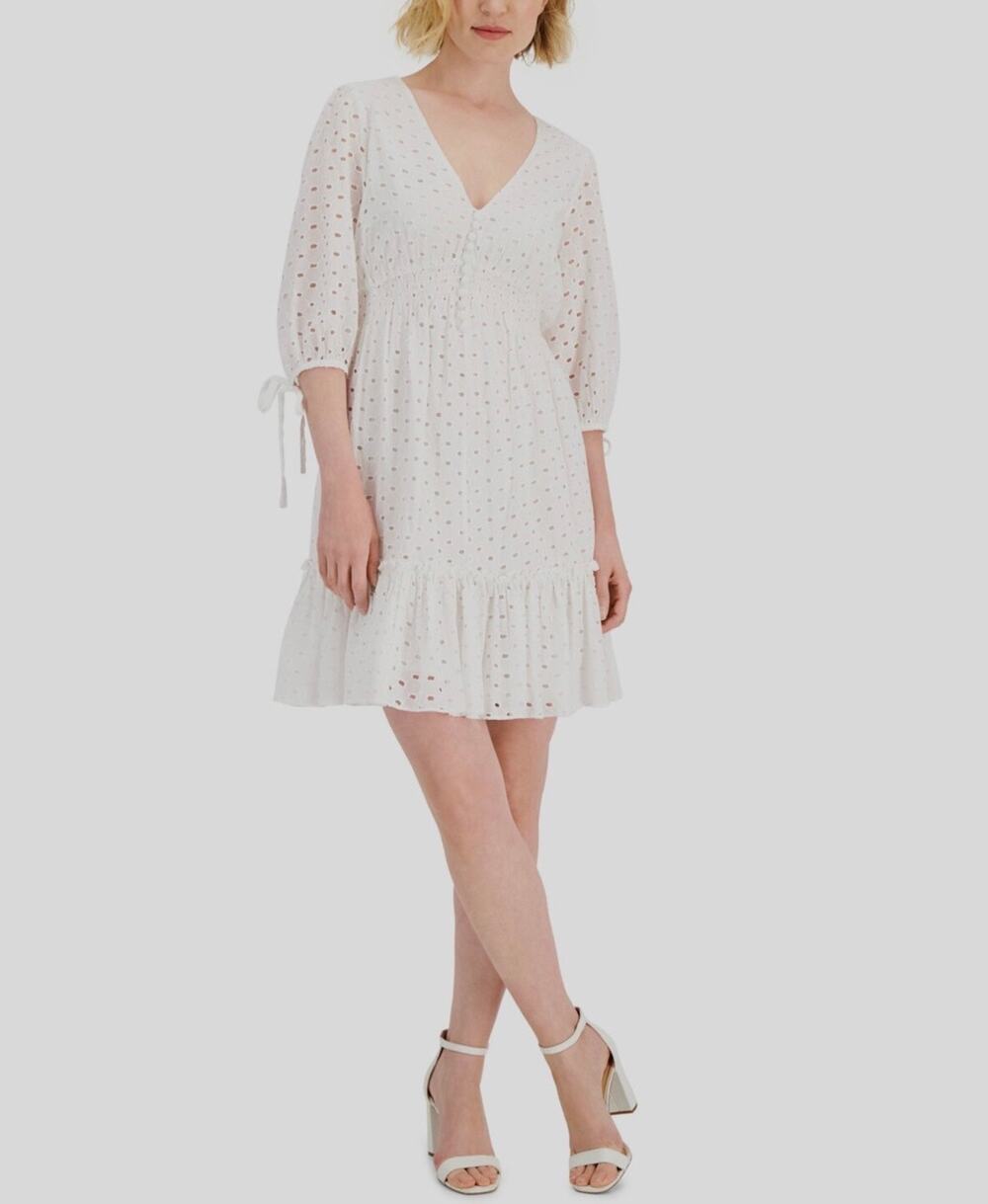 Taylor Women's White Eyelet Half-Sleeve V-Neck Smocked A-Line Dress Petite Sz 8P
